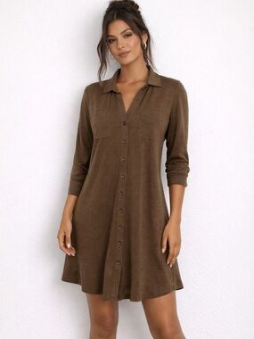 Soft Surroundings Olive Green Knit Modest Shirt Dress Button Front Midi XL